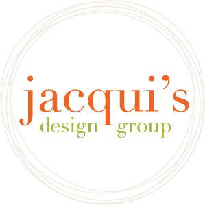 Logo for Jacqui's Design Group, with orange 'jacqui's' text and light-green 'design group' subtitle inside a pale circular ring.