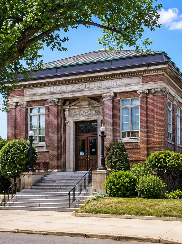 The historic Belmont Public Library building in Belmont, MA, a brick Classical Revival building with stone steps