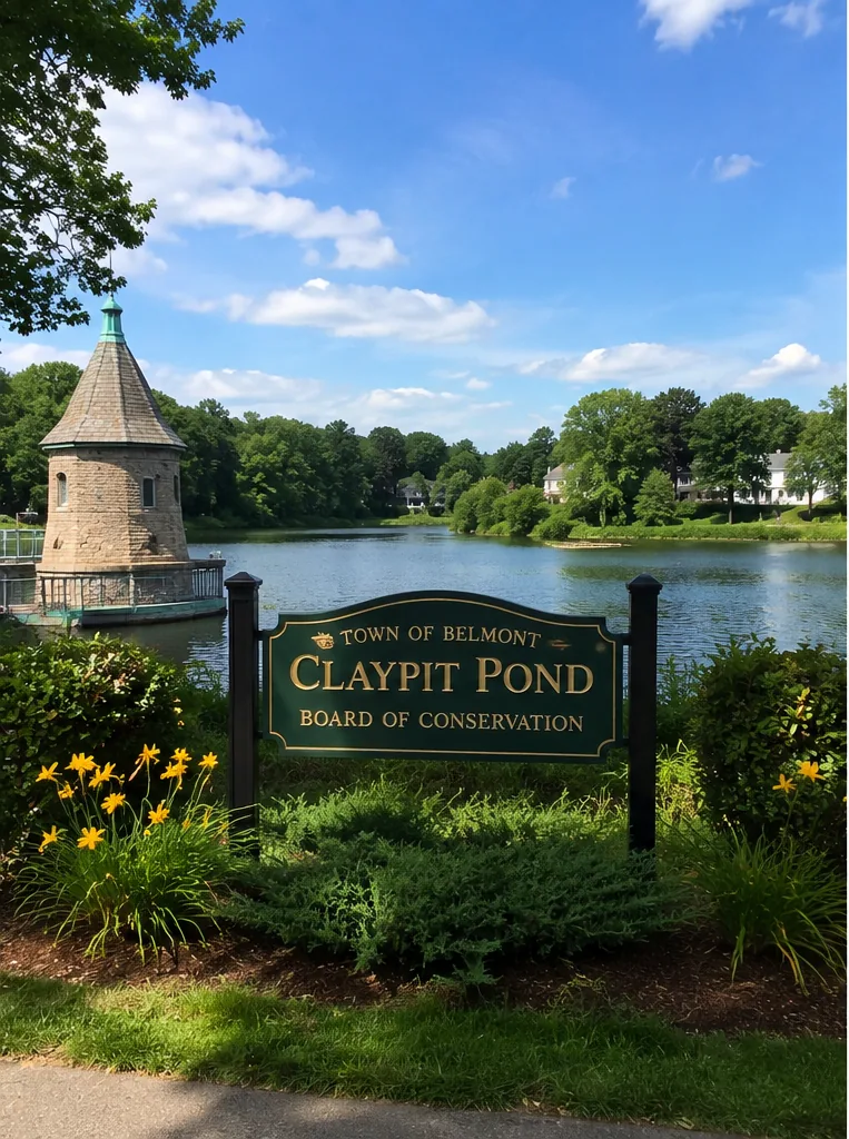 Claypit Pond in Belmont, MA with the Town of Belmont conservation sign and the historic stone gatehouse tower
