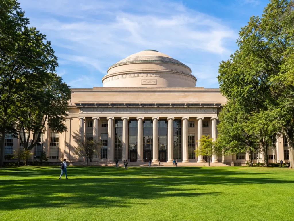 The Great Dome at MIT in Cambridge, MA, with the columns of Killian Court and a green lawn