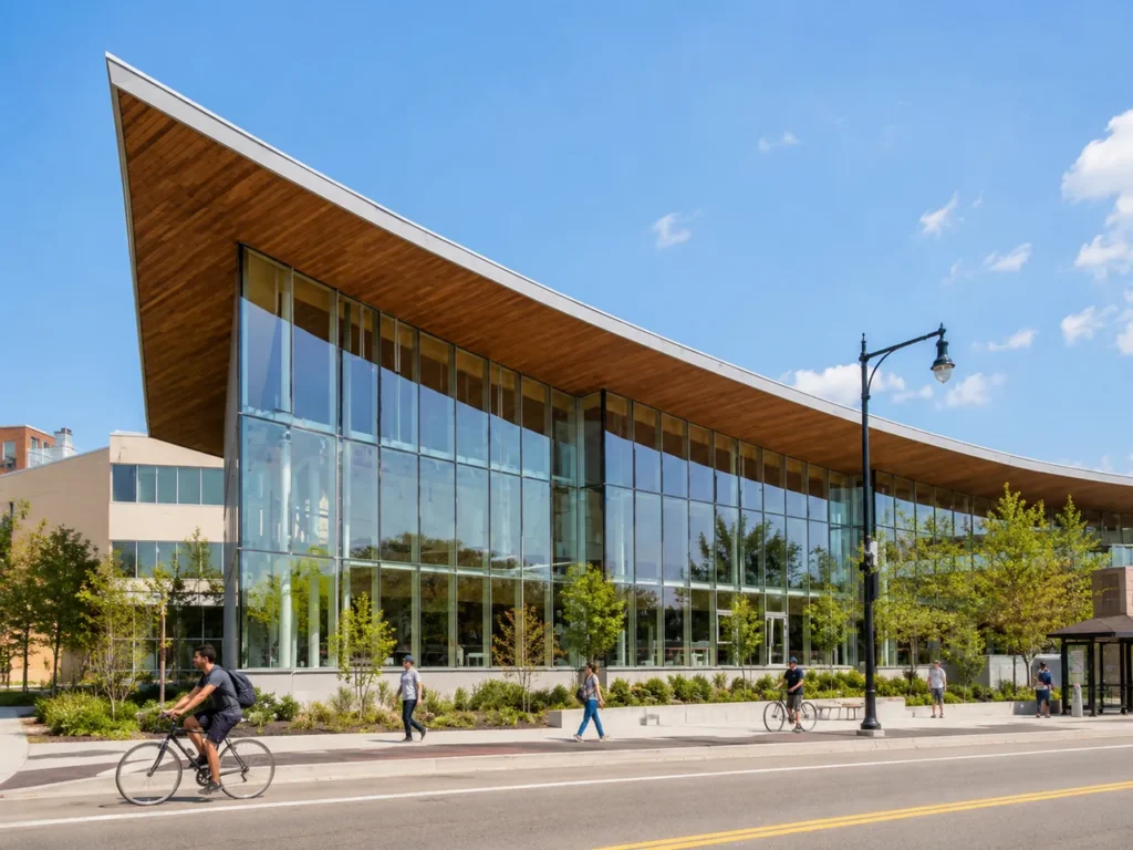 The Cambridge Public Library main branch on Broadway in Cambridge, MA, with its curved roof and glass facade