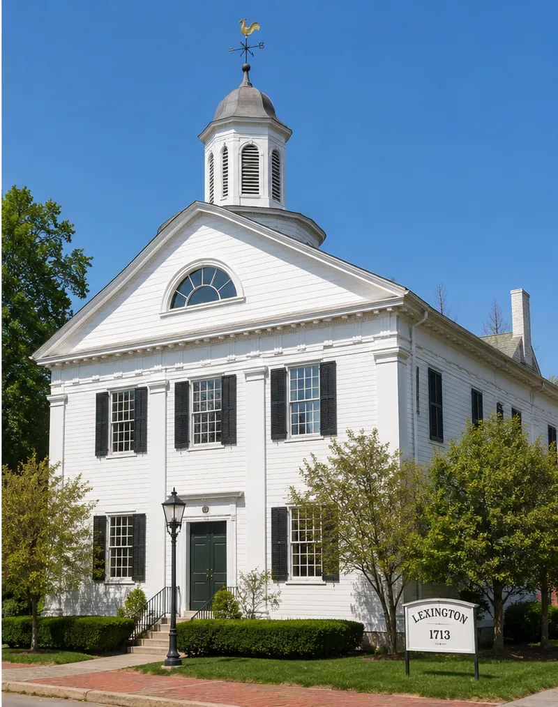 A historic white clapboard building with a cupola and rooster weathervane in Lexington, MA, beside a Lexington 1713 town sign