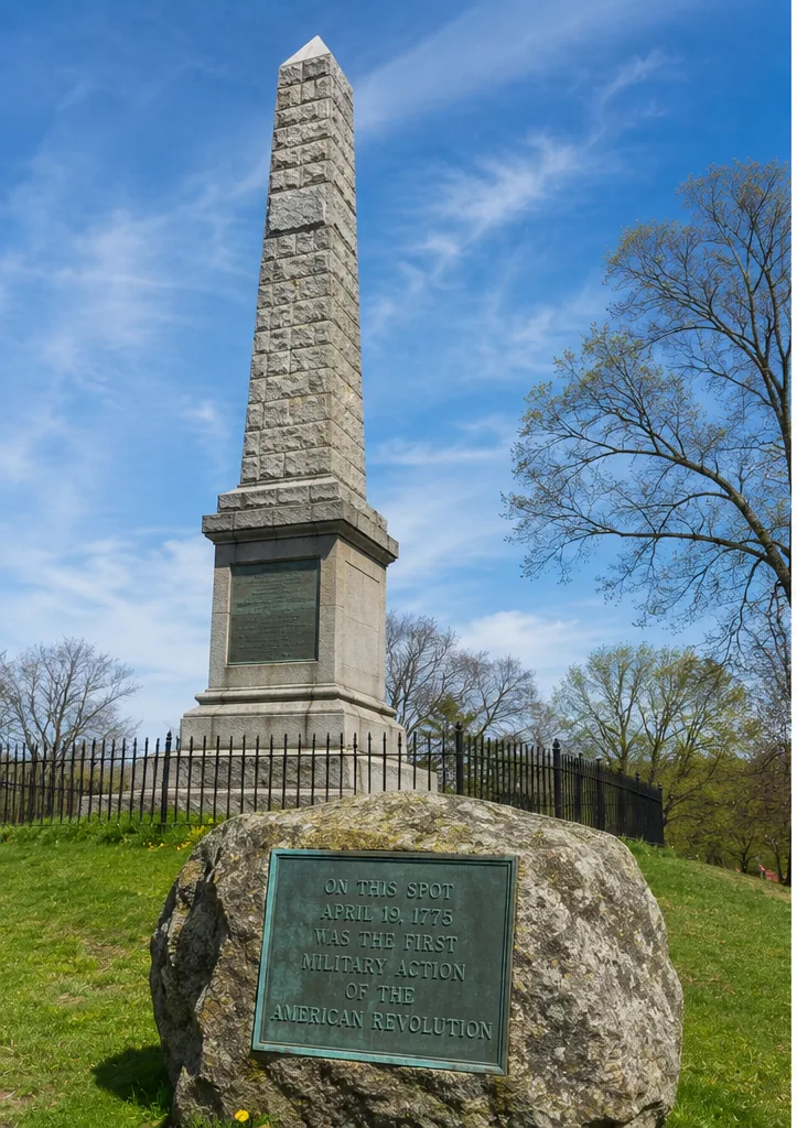 The Revolutionary Monument on Lexington Battle Green in Lexington, MA, with the boulder plaque marking the first battle of the American Revolution on April 19, 1775