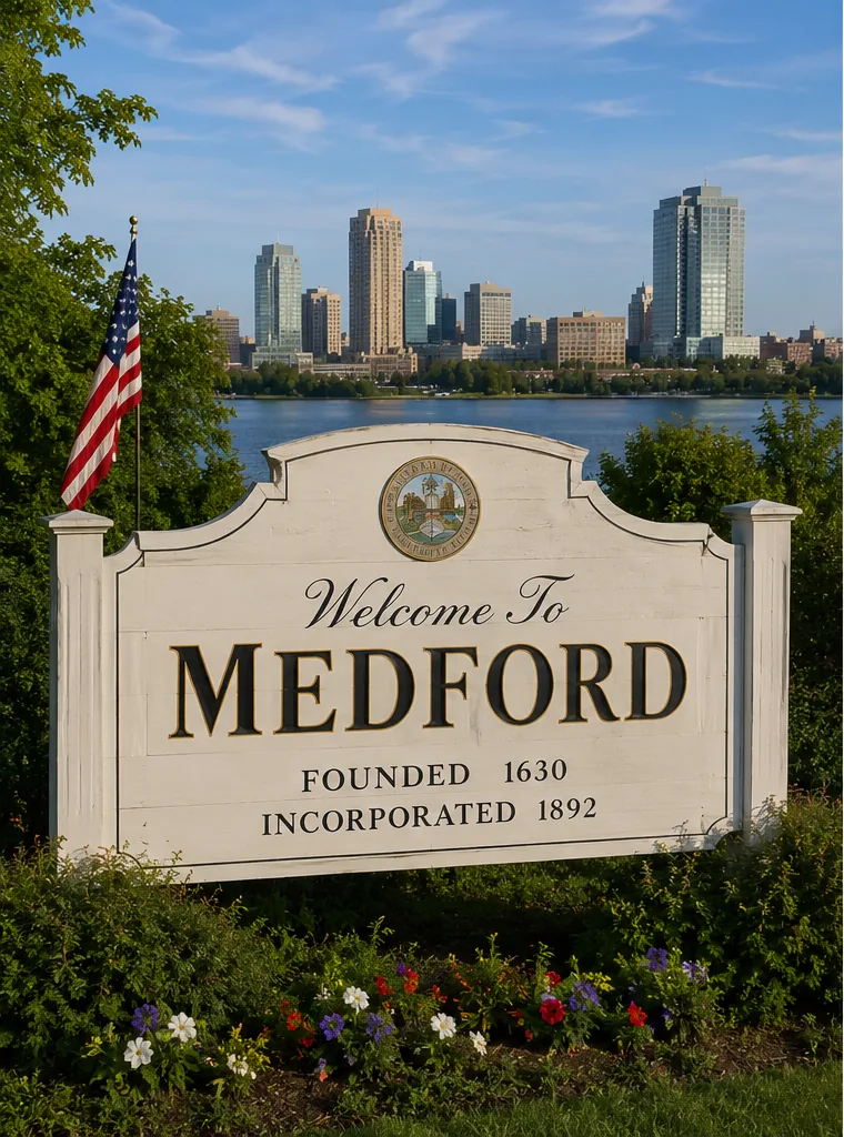 The Welcome to Medford sign by the Mystic River in Medford, MA, with the Boston skyline in the background