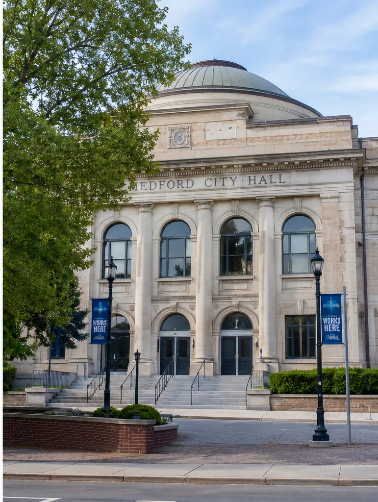 Medford City Hall in Medford, MA, a domed Classical Revival building with stone columns and arched windows