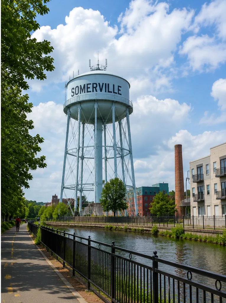 The Somerville water tower in Somerville, MA, viewed from a tree-lined paved path beside the water