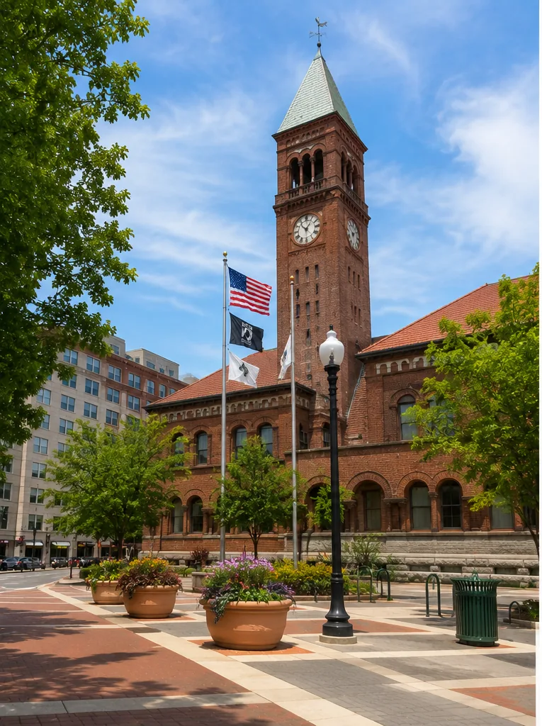 Somerville City Hall in Somerville, MA, a brick Romanesque building with a tall clock tower and flags on the plaza