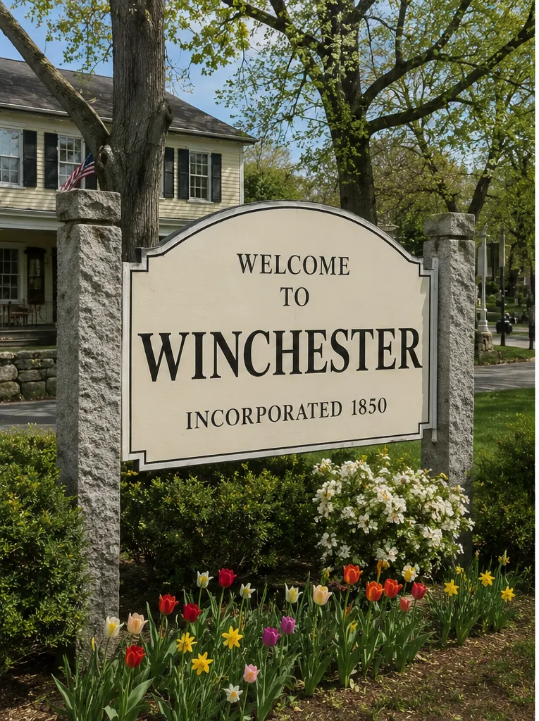 The Welcome to Winchester sign in Winchester, MA, surrounded by tulips with a classic New England house behind it