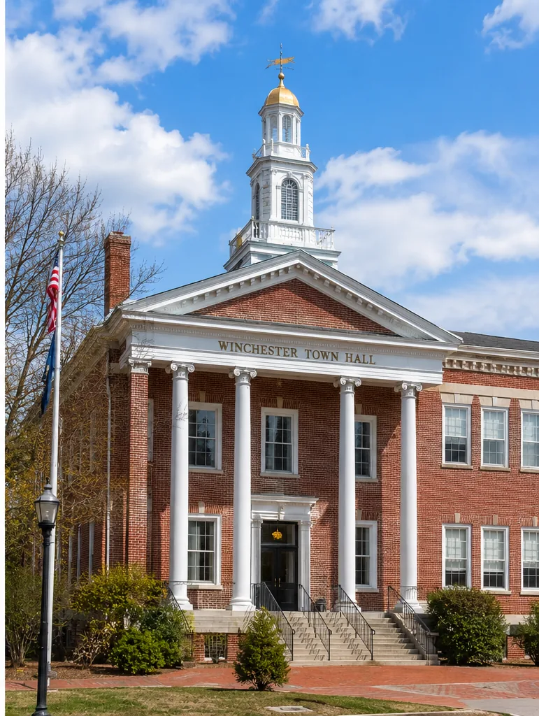 Winchester Town Hall in Winchester, MA, a brick Greek Revival building with white columns and a gold-domed cupola