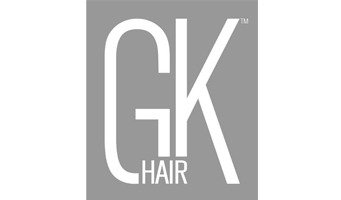 GK Hair logo on a gray rectangular background, featuring large 'GK' letters with small 'HAIR' text.