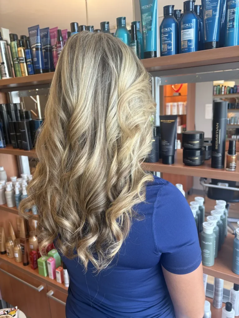 Blonde balayage waves with bright hand-painted dimension, done at Jacqui's Design Group in Arlington, MA